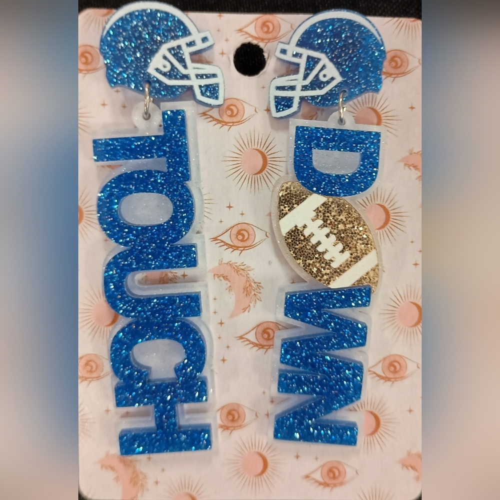 Blue and Gold Glitter Football Earrings